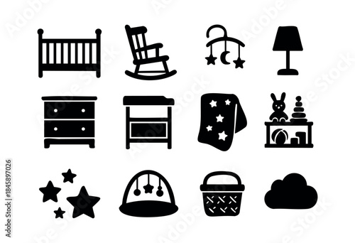 A collection of black silhouette vector icons representing various items found in a baby's nursery, including furniture, toys, and decor — stock vector.