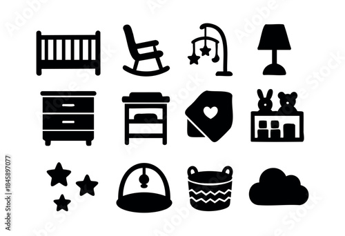 A collection of black silhouette icons representing essential items for a baby's nursery, including furniture, toys, and decor elements — stock vector.
