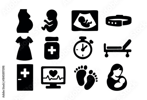 A comprehensive set of black silhouette icons depicting pregnancy stages, medical care, childbirth, and early motherhood elements. — stock vector.