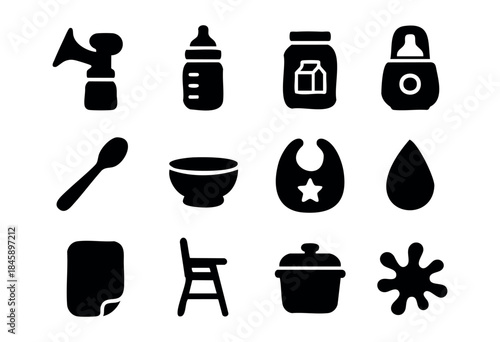 A set of black silhouette icons representing baby feeding, weaning, and infant care essentials, isolated on a white background — stock vector.