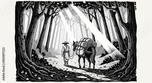 Man and Donkey Journeying Through Forest with Sunbeams.