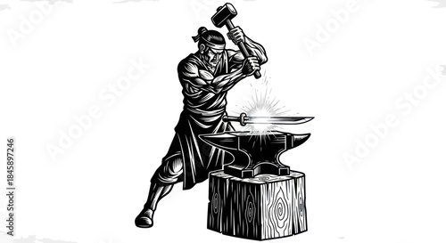 Blacksmith forging a sword with hammer on anvil in workshop.