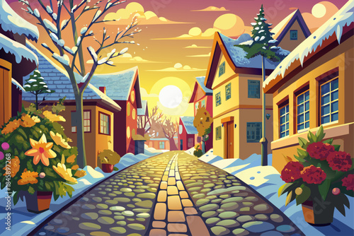 vector of Along the cobbled roads, the golden Christmas sun shines and the fresh flowers invite winter to a festive spring.