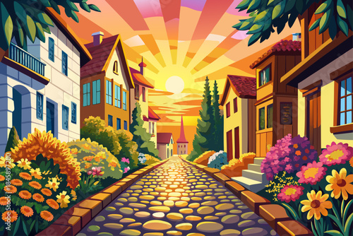vector of Along the cobbled roads, the golden Christmas sun shines and the fresh flowers invite winter to a festive spring.