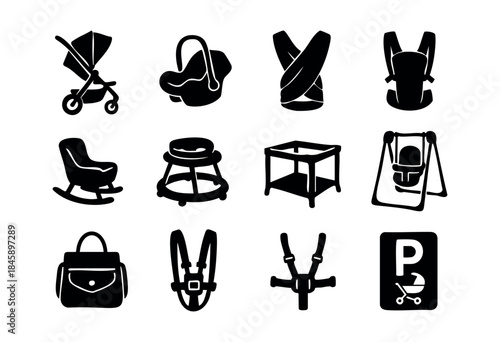 A comprehensive set of black silhouette icons depicting essential baby care products and equipment, including strollers, car seats, carriers, and nursery items — stock vector.
