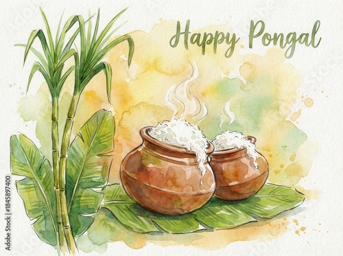 Wallpaper Mural Happy pongal watercolor card illustration. Torontodigital.ca