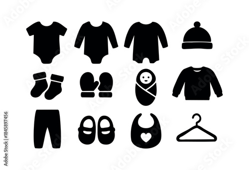 A comprehensive set of minimalist black silhouette vector icons featuring various baby clothes, accessories, and a swaddled infant, isolated on a white background — stock vector.