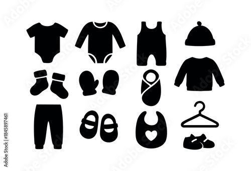 A collection of black silhouette icons depicting various baby clothing and accessory items, ideal for newborn care and design projects — stock vector.