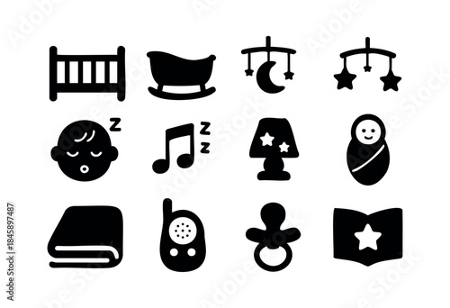 A collection of simple black silhouette icons representing baby sleep, nursery essentials, and bedtime routines — stock vector.