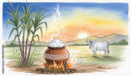 Wallpaper Mural Watercolor illustration of card for pongal celebration. Torontodigital.ca