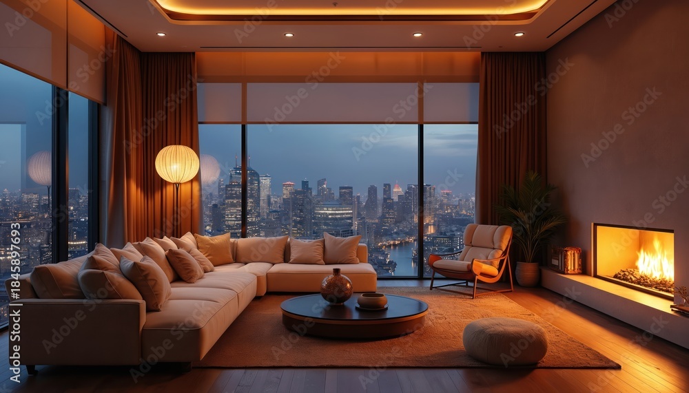 Obraz premium Modern living room with panoramic city view. Comfortable sectional sofa, armchair, coffee table, and fireplace create cozy ambience. Warm lighting enhances luxury.