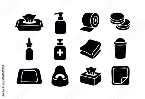 A collection of black silhouette icons representing various hygiene, personal care, and baby essentials such as wipes, sanitizer, tissues, and more — stock vector.