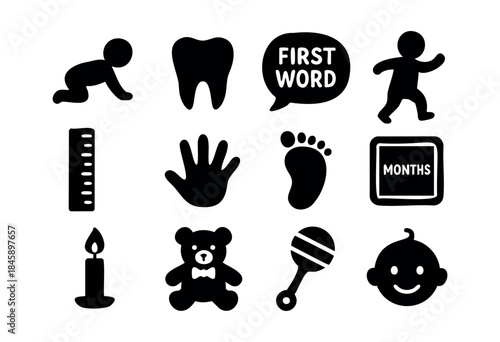 A collection of black silhouette icons depicting essential baby milestones and early childhood items like crawling, walking, first word, teething, and toys — stock vector.