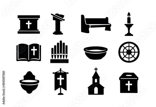 A comprehensive collection of black silhouette vector icons representing essential Christian worship elements and religious symbols, isolated on a white background — stock vector.