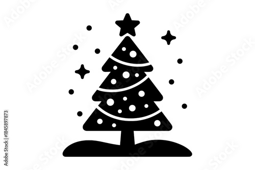 Simple black Christmas tree silhouette decorated with star standing in snow