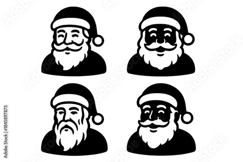 Four black and white stylized Santa Claus head portraits for Christmas holiday designs