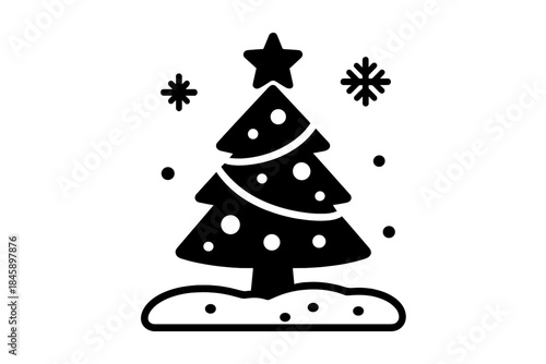 Minimalist black decorated Christmas tree standing in snow with falling snowflakes and a star topper