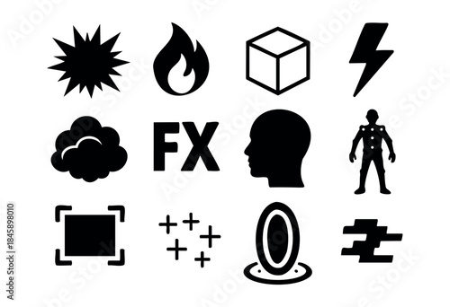 A comprehensive set of modern black vector icons representing visual effects, digital concepts, and filmmaking elements, ideal for creative and technical projects — stock vector.