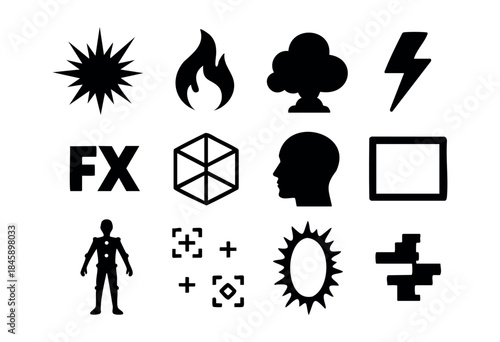 A collection of versatile black silhouette icons representing special effects, technology, energy, and abstract concepts on a white background — stock vector.