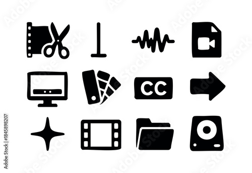 A collection of hand-drawn style black vector icons representing various tools and functions in video editing, post-production, and multimedia creation, isolated on a white background — stock vector.