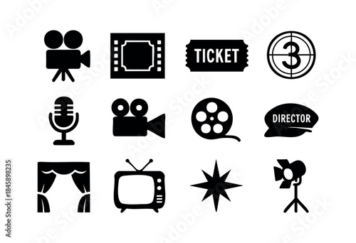 A comprehensive collection of black silhouette icons representing various elements of film, cinema, television, and entertainment production on a white background — stock vector.