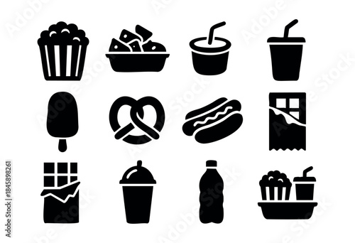 A collection of black silhouette icons representing popular cinema snacks and drinks such as popcorn, nachos, hot dogs, and sodas, isolated on a white background. — stock vector.