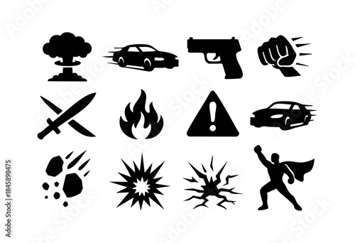 A collection of black silhouette vector icons representing themes of action, danger, speed, destruction, and heroism, suitable for warnings and powerful concepts — stock vector.