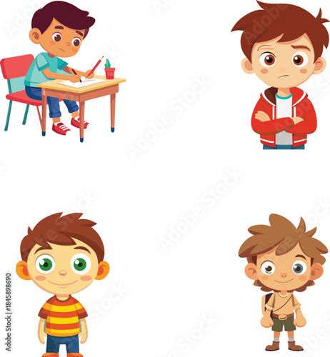 Four cartoon boys with different expressions and outfits children