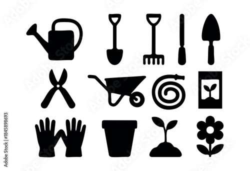 A comprehensive collection of black silhouette icons representing various gardening tools and outdoor essentials on a white background — stock vector.