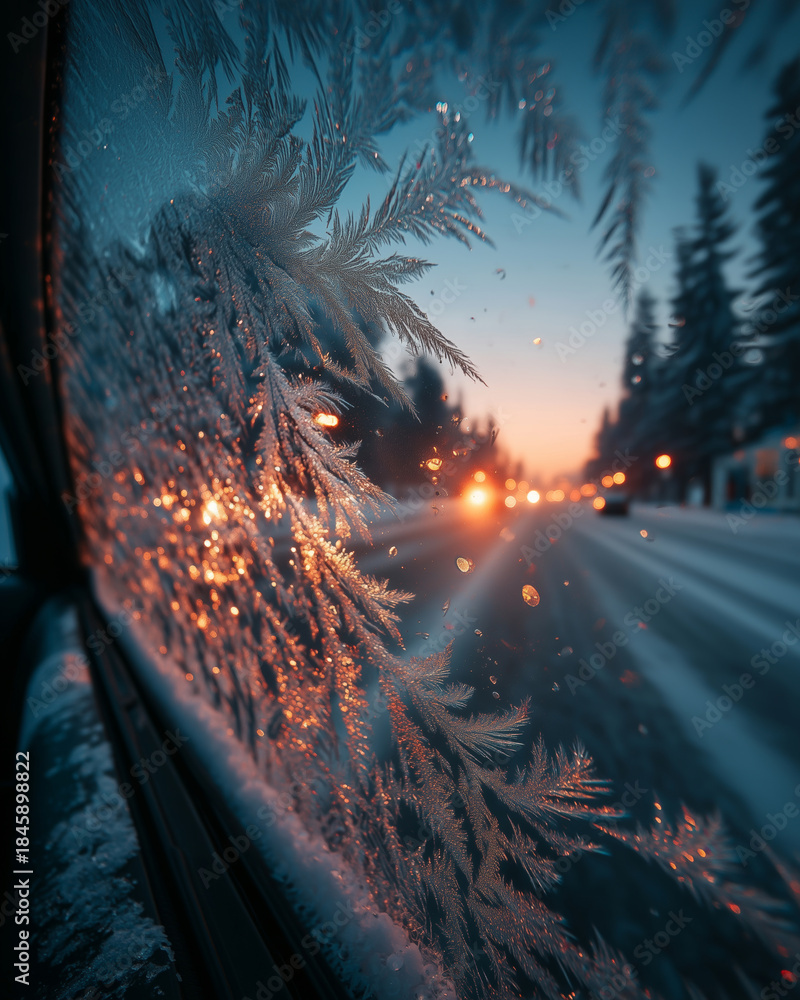 Fototapeta premium Glistening frost formations on a car window during Winter sunrise