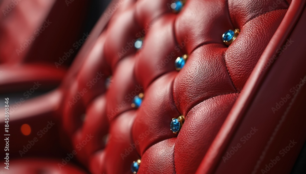 Obraz premium Close up view of red quilted leather upholstery with tufted buttons. Each button is adorned with a blue gemstone and gold accent. The rich textured material evokes luxury and classic design.