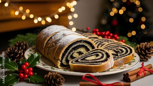Traditional poppy seed roll sliced on a festive christmas table