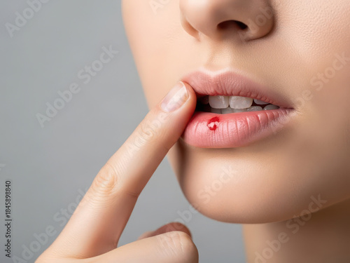 Close-up of a person touching their lip isolated on white background