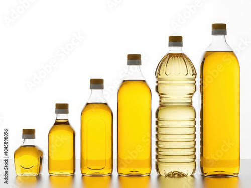 Assorted sizes of oil bottles isolated on white background