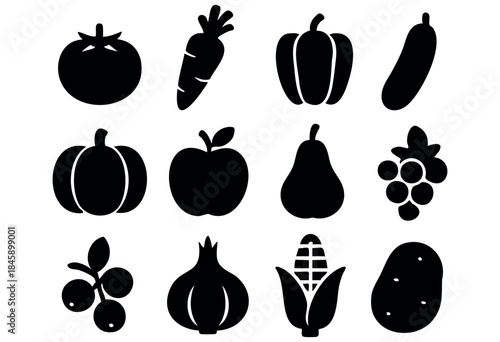 A comprehensive set of black silhouette icons depicting various common fruits and vegetables like tomato, carrot, apple, and corn, isolated on a white background — stock vector.