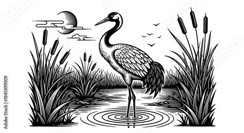 Elegant Crane Standing in Water Surrounded by Reeds and Cattails.