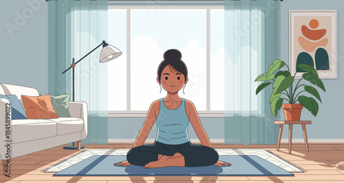 Woman practicing yoga at home