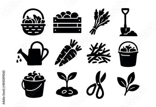 A comprehensive set of silhouette icons representing various gardening tools, fresh produce, and agricultural activities against a white background — stock vector.
