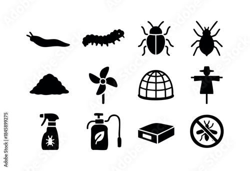 A collection of black silhouette icons depicting common garden pests and various pest control or plant protection methods on a white background — stock vector.