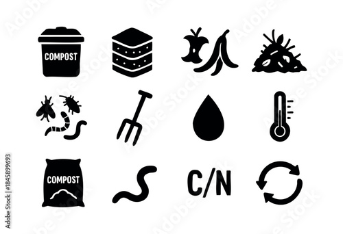 A collection of black silhouette icons illustrating the process and essential elements of composting, including organic waste, tools, and environmental factors — stock vector.