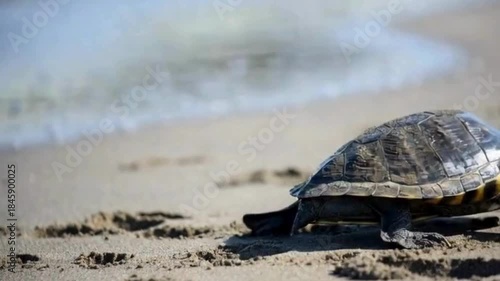 A turtle journeys across a sandy beach, against the backdrop of the serene ocean. A powerful image for those who want to evoke serenity and the beauty of nature.