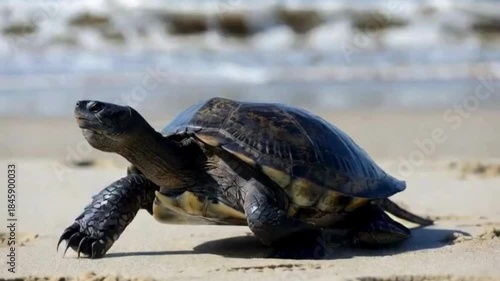 A solitary sea turtle embarks on a journey along a sandy beach. Waves gently roll in the background, creating a serene coastal setting, representing slow and steady progress.