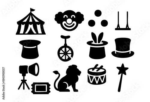 A comprehensive collection of black silhouette icons representing various circus, magic, and entertainment elements on a white background — stock vector.