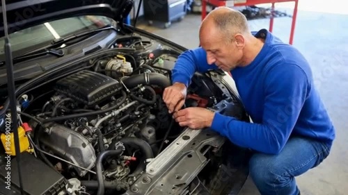 An experienced mechanic, focused and meticulous, conducts a detailed inspection of a vehicle's engine, working within a car repair workshop.