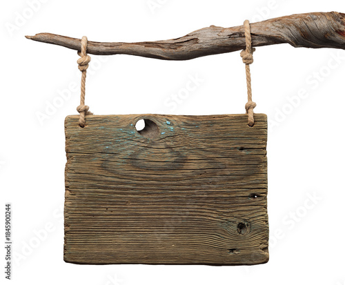 Wooden sign hanging from a branch with rope. Wooden signboard has a rough texture and unfinished surface.  