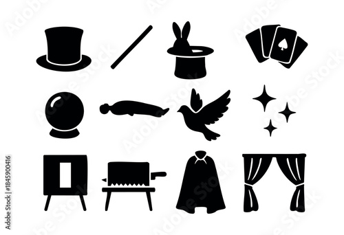 A collection of black silhouette icons representing various magic tricks, props, and illusion elements for entertainment themes — stock vector.