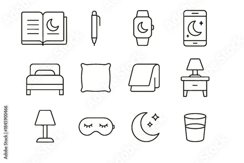 Journal tracker app icons nightstand icon habits vector blanket sleep pen glass