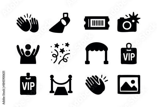 A collection of black silhouette icons representing events, entertainment, celebration, and media elements, perfect for web and print design — stock vector.