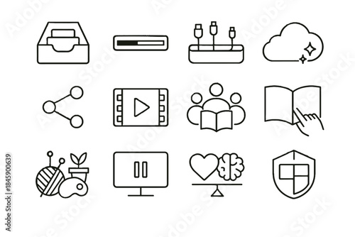 Hand vector brain clutter over icons strip icon minimalism pause digital book