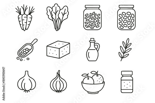 Herb scoop icons leafy vector bowl sustainable meal tofu beans icon jar